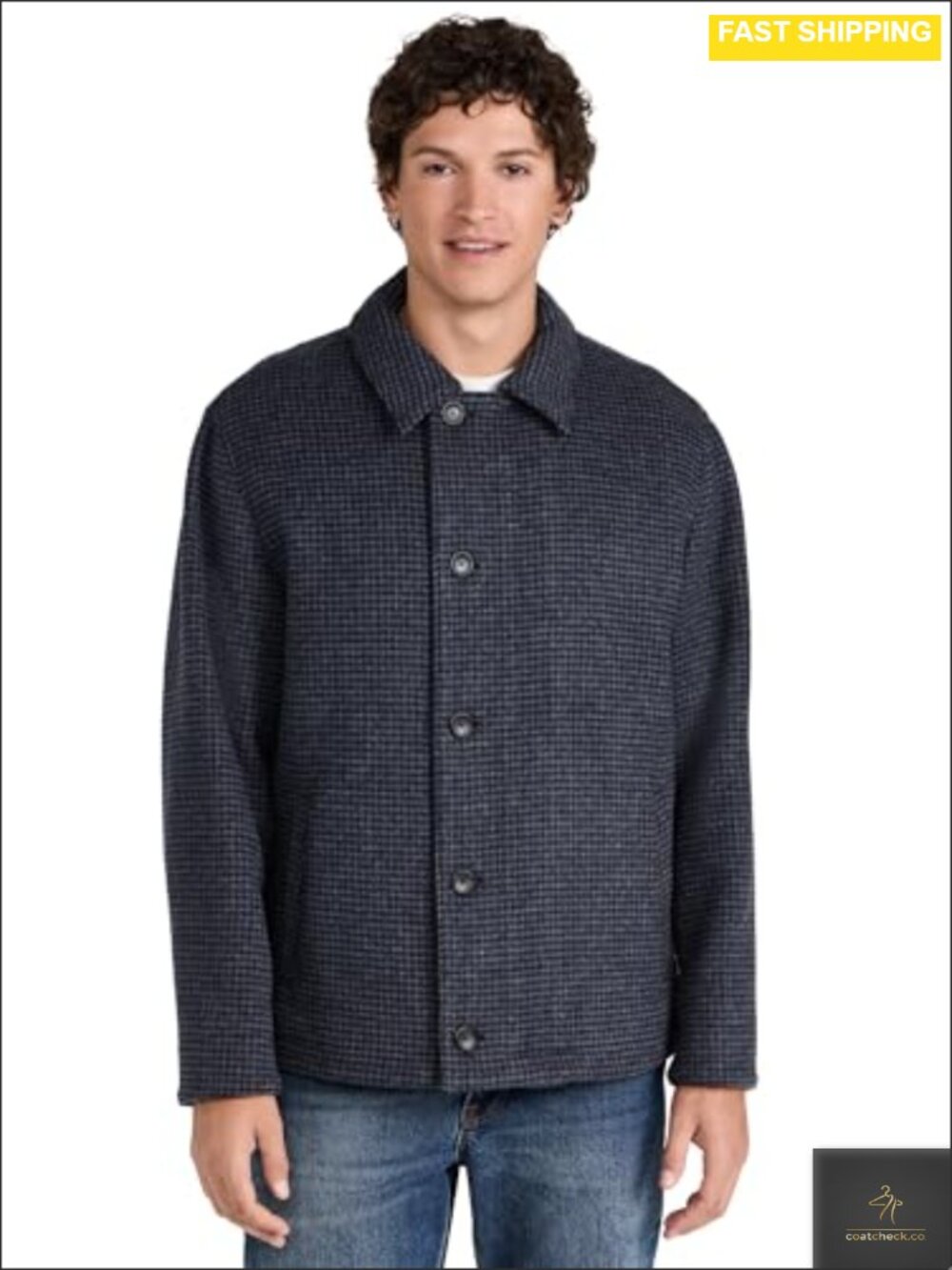 Houndstooth Wool Deck Jacket Long Sleeve Peacoat Zip Front